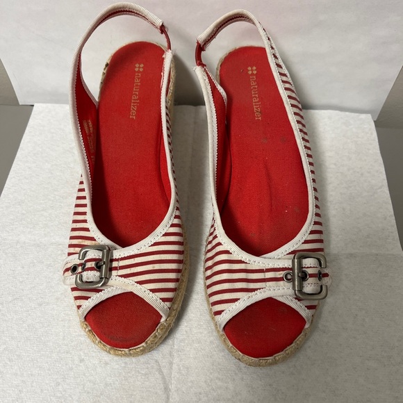 Naturalizer size 7 Sandals Red And White Bashful Espadrille Wedge Peep Toe Casua - Picture 1 of 15